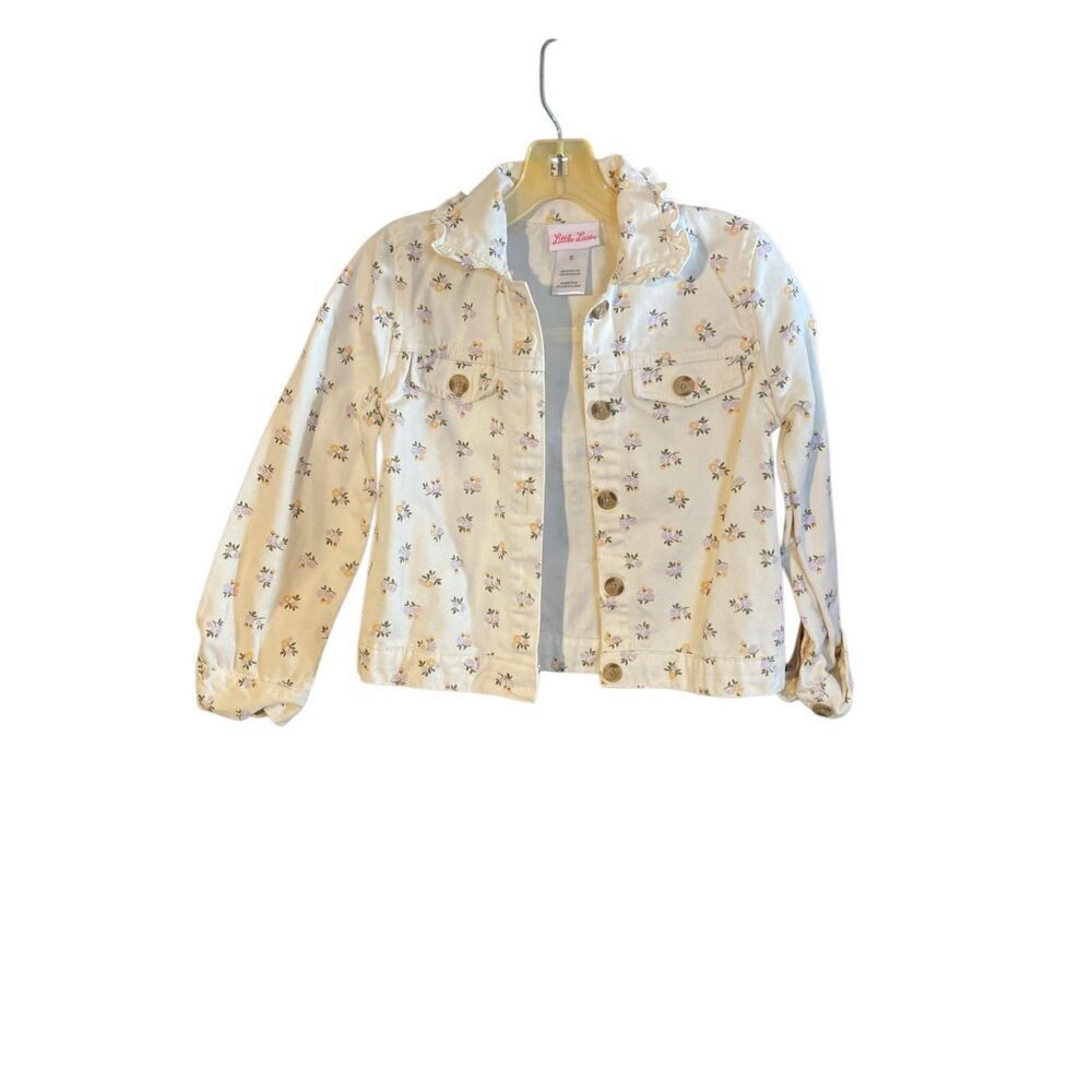 Little less girls, floral print ivory denim jacket, size 6